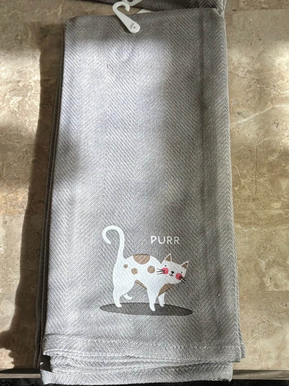 Three Kitchen Tea Towels - Gray Cat & Pink Bird Design